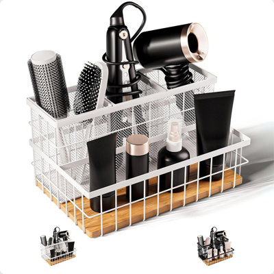 Organisateur d'outils pour cheveux chauds en métal et en bambou respirant, sous l'évier ou le support de comptoir pour sèche-cheveux, brosses et peignes