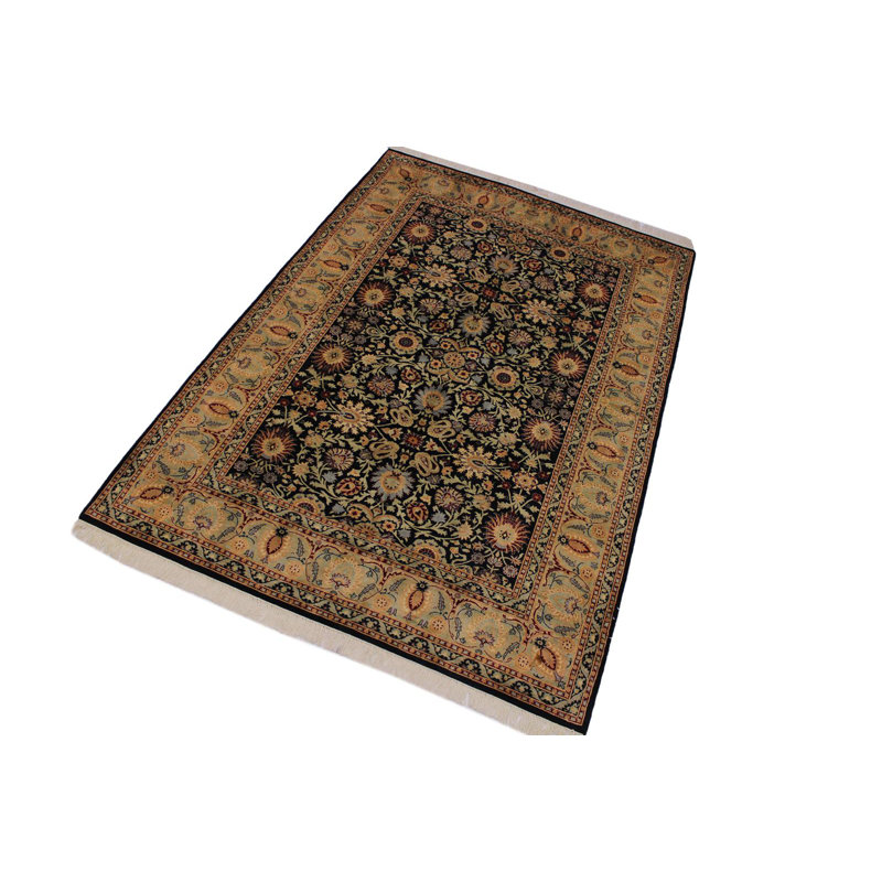 Tapis oriental noir / beige / bleu en laine noué à la main 6 pi 2 po x 9 pi Cowles