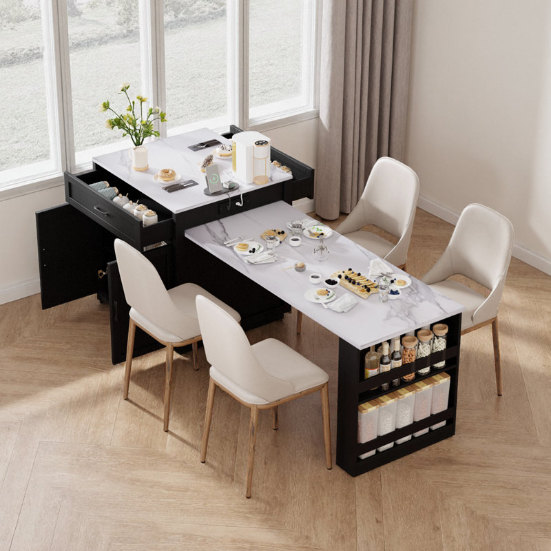 Black Kitchen Island with Extendable Dining Table for 6, Double Storage & Power Outlet, Faux Marble Top, Black