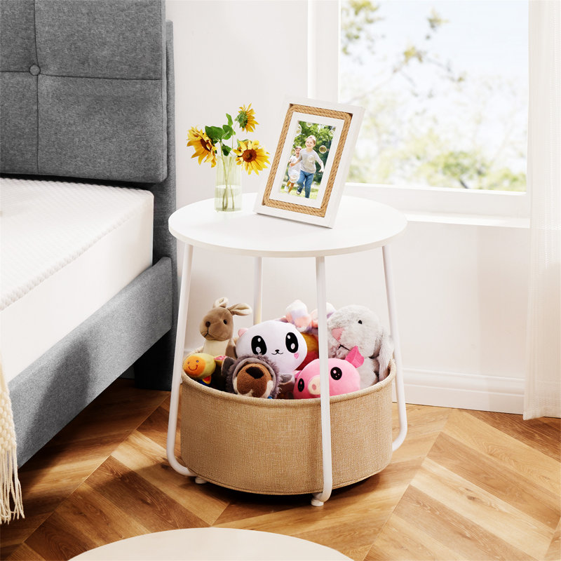 Petite table basse ronde, table de chevet avec panier en tissu, pour le salon de la chambre à coucher, Blanc