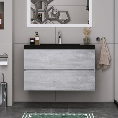 Modern Wall-mounted Bathroom Vanity with Black Quartz Sand Top Basin