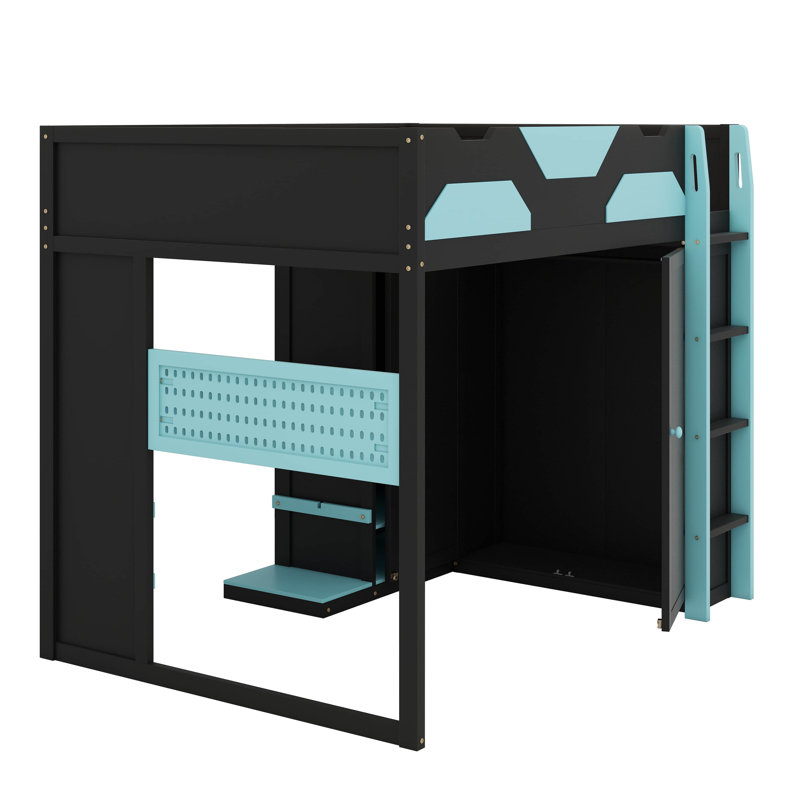 Lit mezzanine double en bois avec bureau, plusieurs tablettes de rangement, port USB et éclairage RVB, Bleu nuage