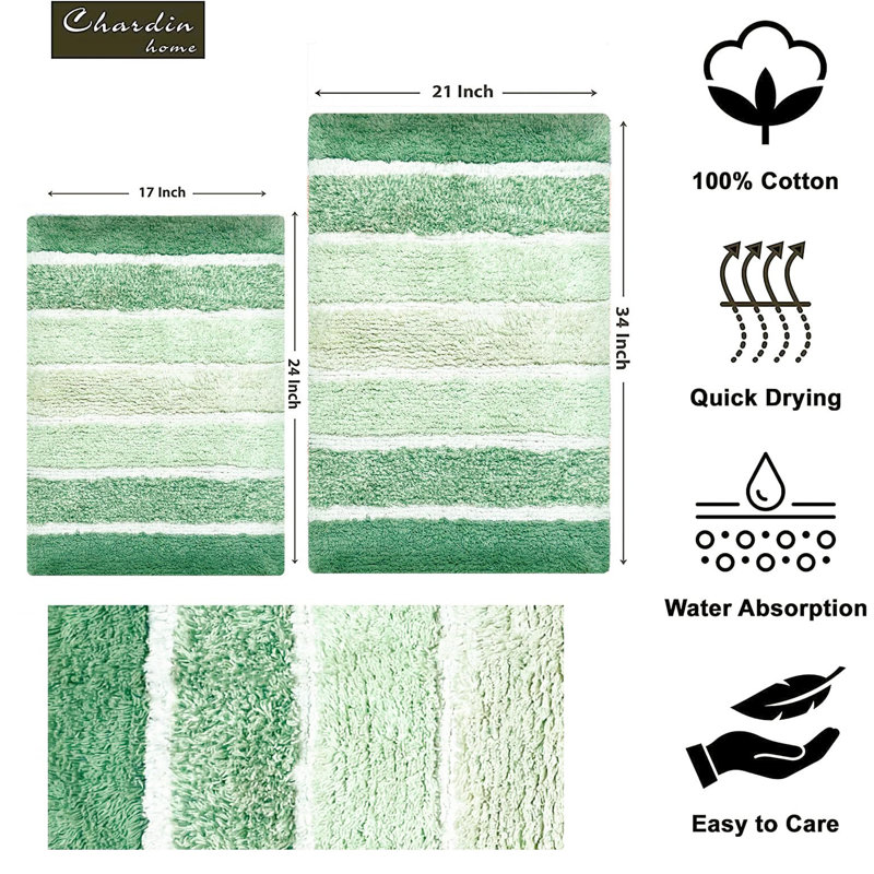 Cervantes 100% Cotton Non-Slip Bath Rug, Green, 21''x34''/17''x24''