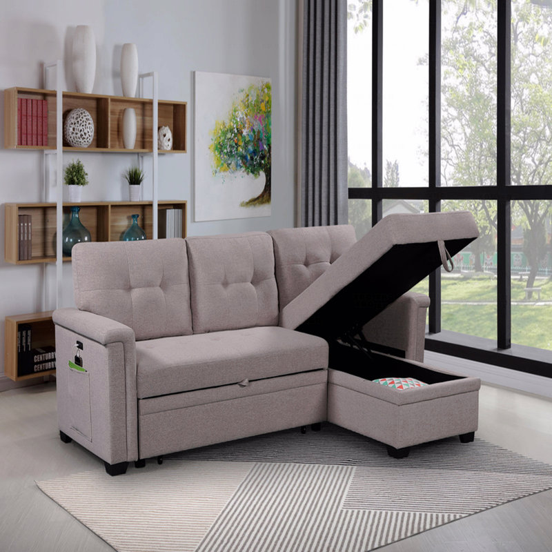 Sleeper, Reversible  Basic Sectional Sofa Sofa Sofa With Storage Chaise, USB Charging Ports And Pocket, Brown Linen