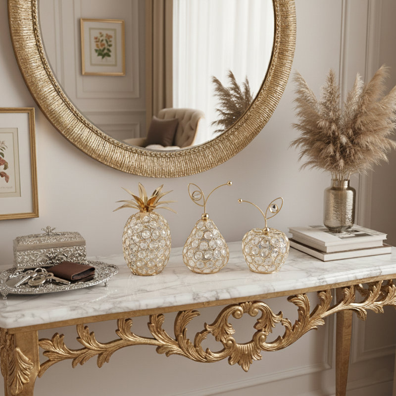 Crystal Apple, Pear, Pineapple Ornament Set, Gold Crystal Metal Fruit Figurines