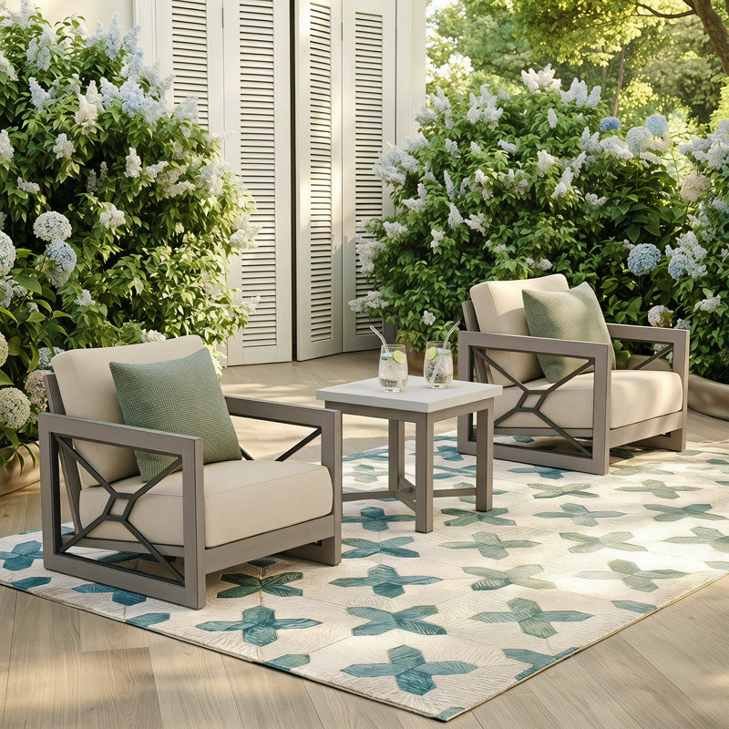 Ensemble de conversation pour patio en aluminium pour 2 personnes avec table d'appoint en béton composite et coussins Sunbrella®