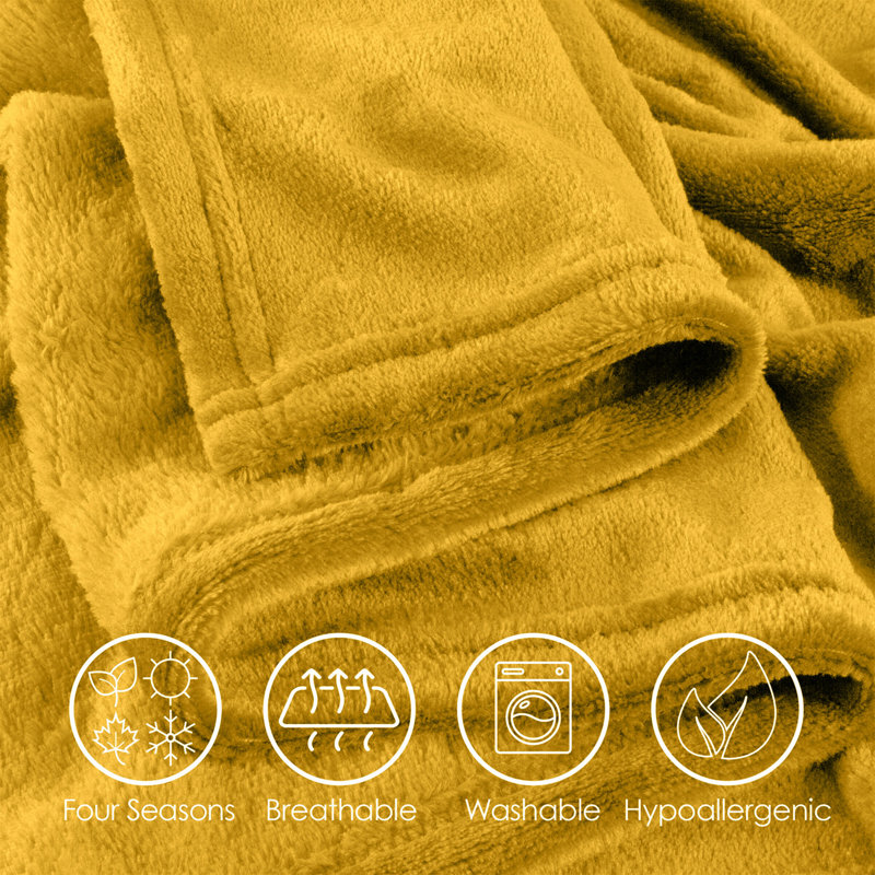 Reversible Mink Faux Plush Fur Fleece Blanket, Ochre, Queen