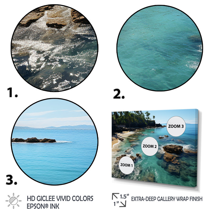 Aérien, corail, paradis, plages tropicales dévoilées II - art mural plage, Cadre flottant doré, H 16 po x l 32 po x P 1 po