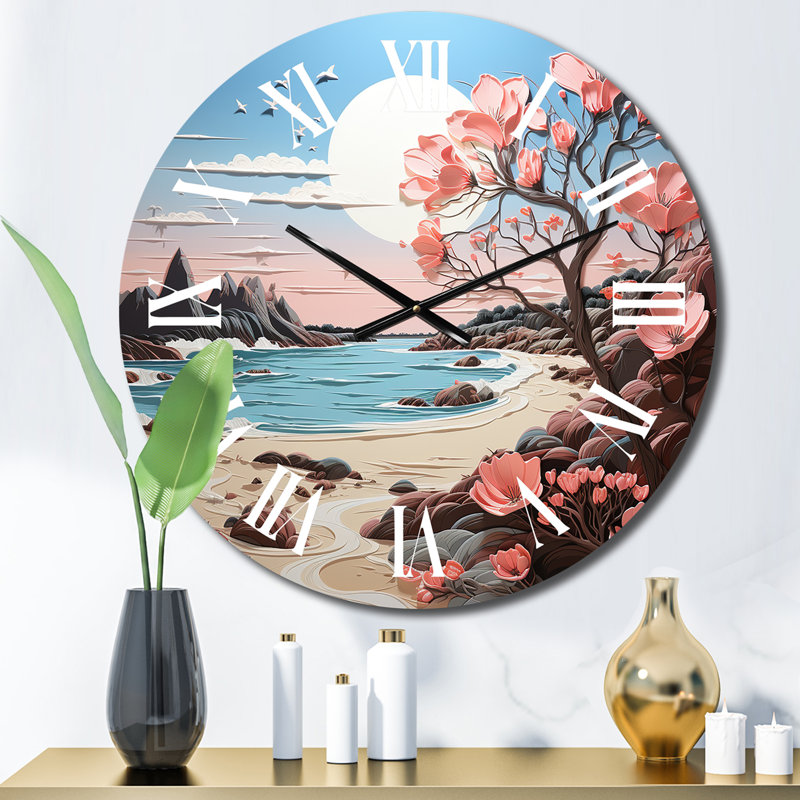Horloge murale de plage rose avec papercut I, Moyenne