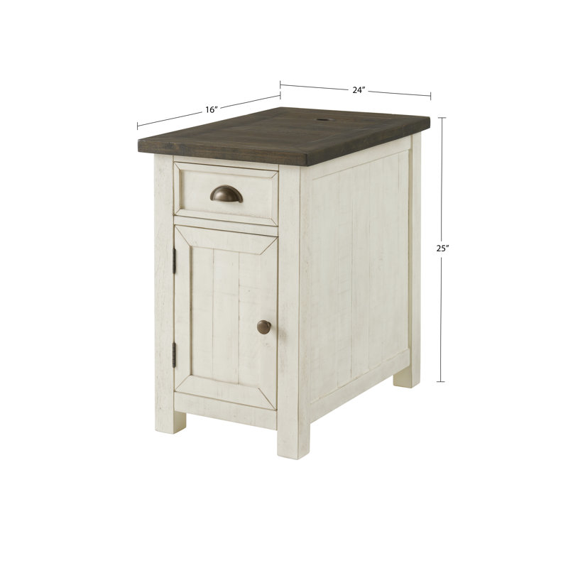 Balsam 25'' Tall Solid Wood End Table with Storage and Built-In Outlets, Brown/Cream White