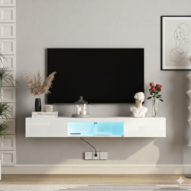 Meuble télé mural flottant avec éclairage à DEL 16 couleurs, meuble télé moderne de 63 po pour téléviseur 55, 60 et 65 po, finition blanche