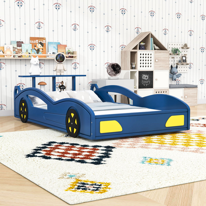 Twin Car-Shaped Platform Bed With Slats, Blue Yellow