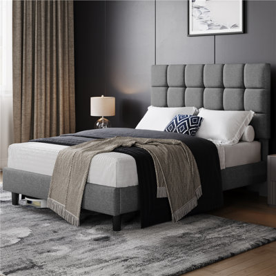 Size Modern Upholstered Bed Frame with Adjustable Square Tufted Headboard
