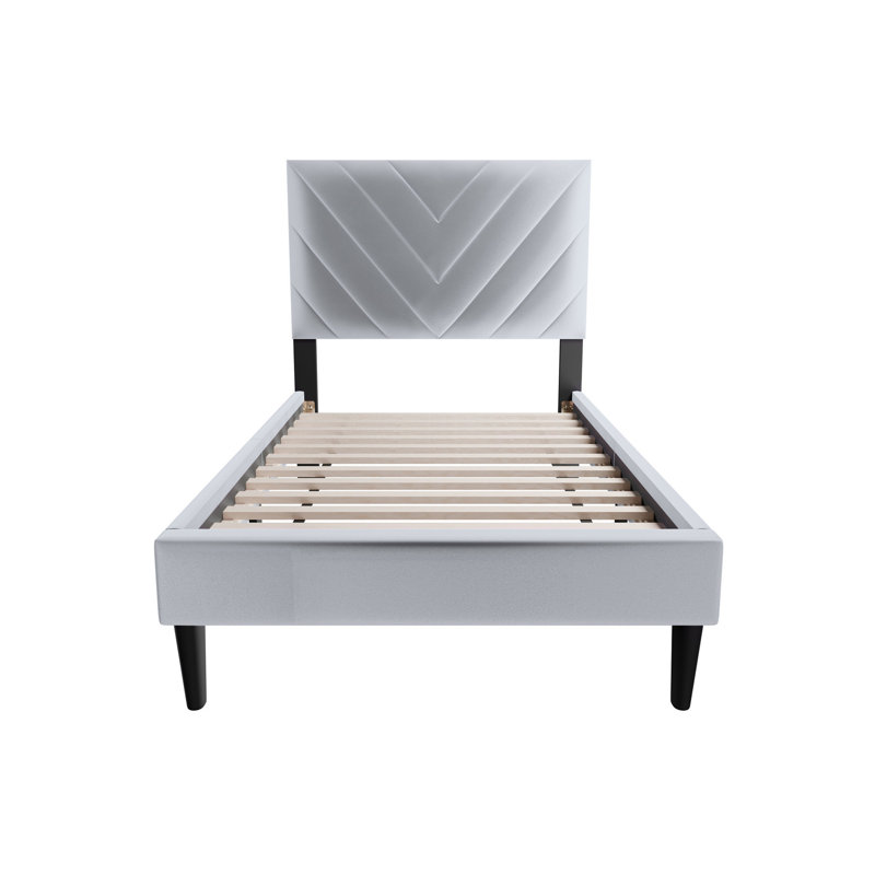 Grey Velvet Twin Size Bed - Adjustable Up To 3", 12 Strong Support, No Box Spring, Bedroom Modern Upholstery, Stable Headboard, Spring