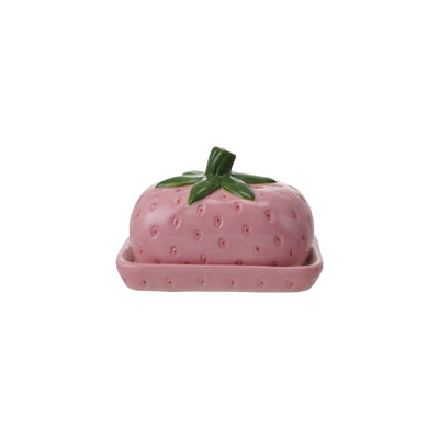 Hand‑Painted Ceramic Strawberry‑Shaped Butter Dish