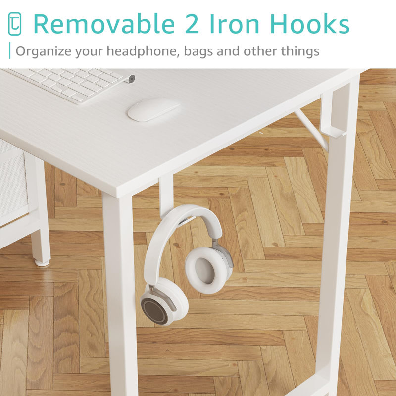 Computer Desk With Fabric Drawers, 47" Reversible Study And Work Desk, White