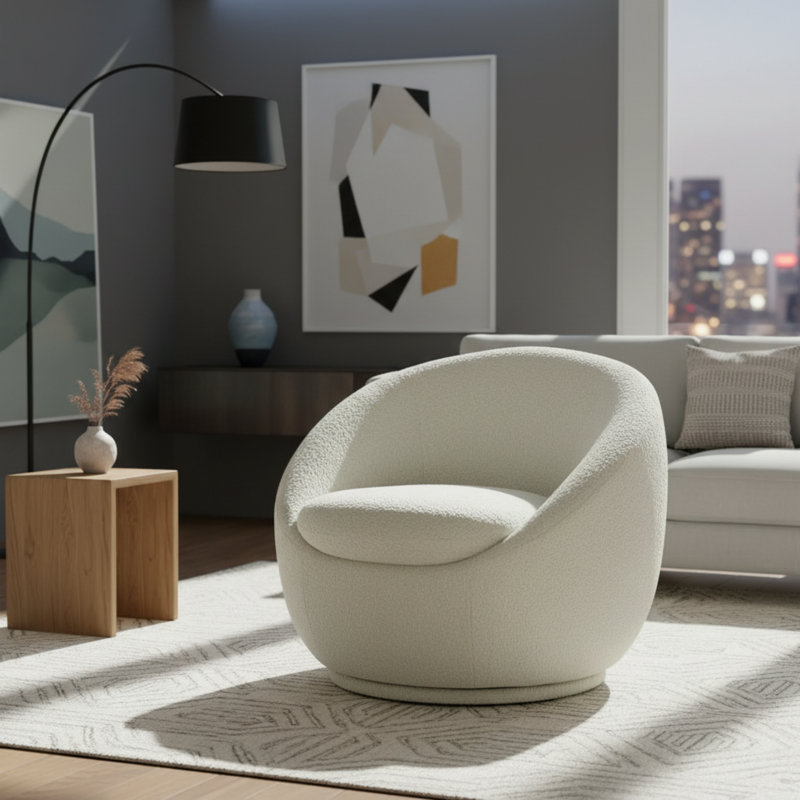 Chaise longue pivotante en laine crème, confortable et polyvalente.