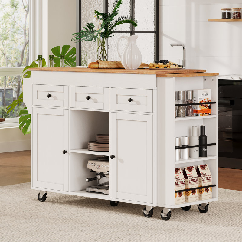 Extendable Kitchen Island With Dining Table, Rolling Storage Cart With Power Outlet, Drawers, Doors, And Open Shelves, White | Gift Idea