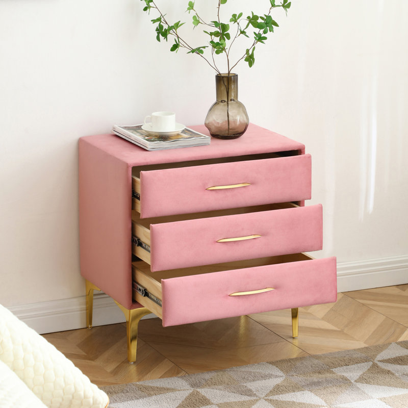 Élégante table de chevet rembourrée en velours avec des pieds dorés, Velours roses