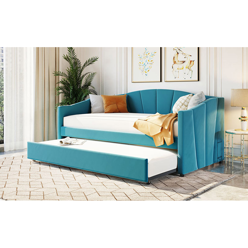Kacy Upholstered Daybed with Trundle, Sofa Bed, Blue, Twin