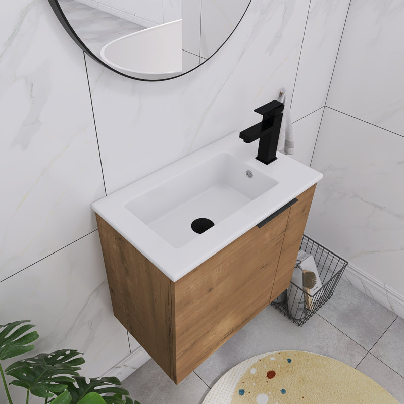 Meuble-lavabo mural simple 1 place Madilene, comptoir flottant 1 porte, comptoir en céramique blanc, Imitation de chêne