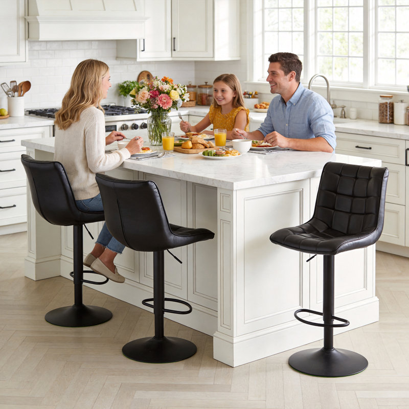 Swivel Upholstered Adjustable Height Counter Bar Stool with Backs for Kitchen Island, Black, 3