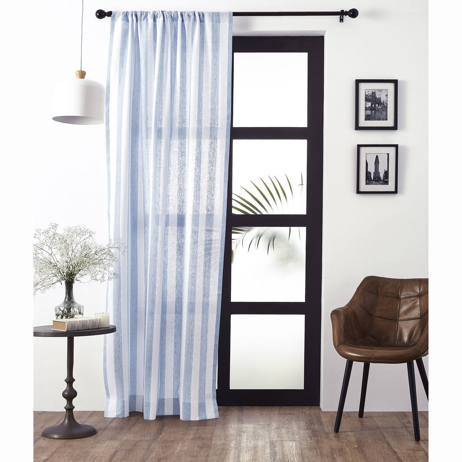 Striped Pure Linen Semi-Sheer Curtain Panel, Black and Natural, 52" W x 108" L