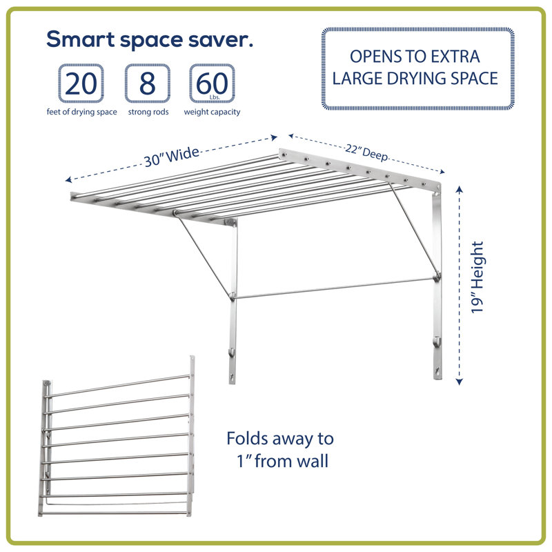Stainless Steel Foldable Wall Mounted Drying Rack, 19" H x 22" W x 22" D