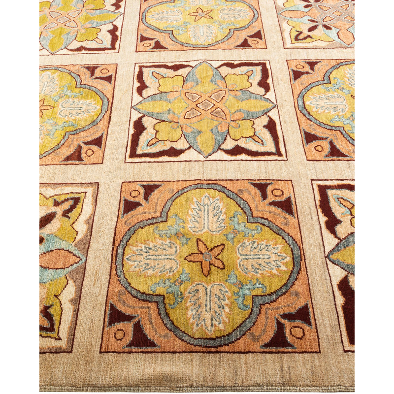 Tapis unique noué à la main à motif éclectique Semyra - doré, 5 pi x 8 pi