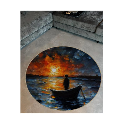 Tapis décoratif rond à base tissée moderne avec coucher de soleil et humain dans un motif de bateau
