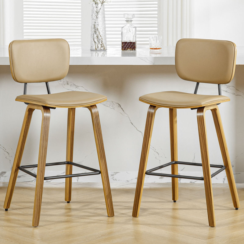 Brown PU Leather Upholstered Counter Stools with Bent Wood Legs, Set of 2