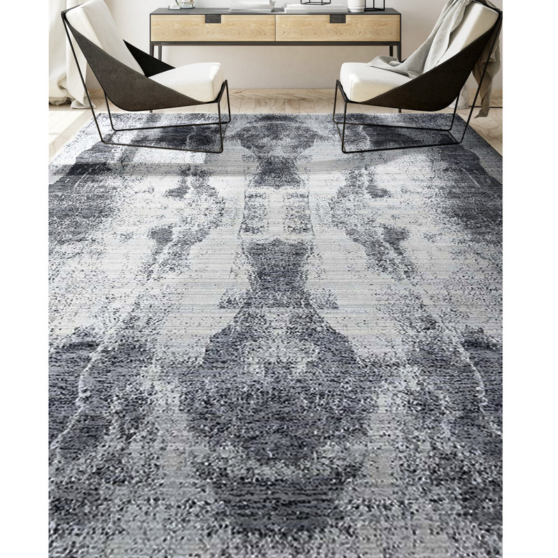 Jacquard Abstract Area Rug in Silver/Dark Gray, Rectangle 6' x 9'