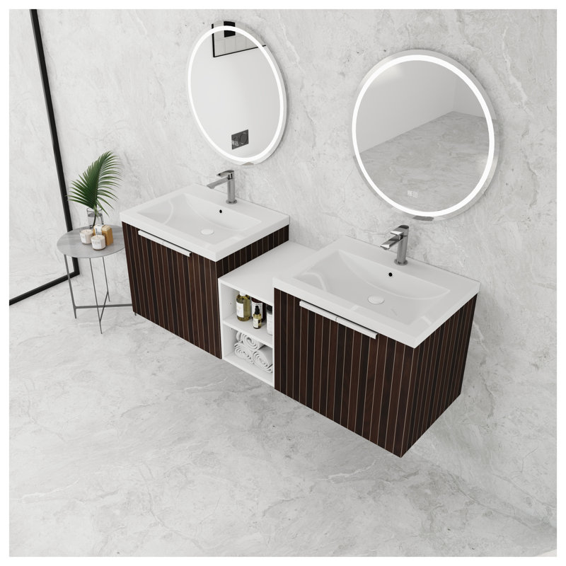Meuble-lavabo de 60 po avec portes à fermeture douce en rayure brun argenté, armoire moderne en contreplaqué avec lavabo intégré