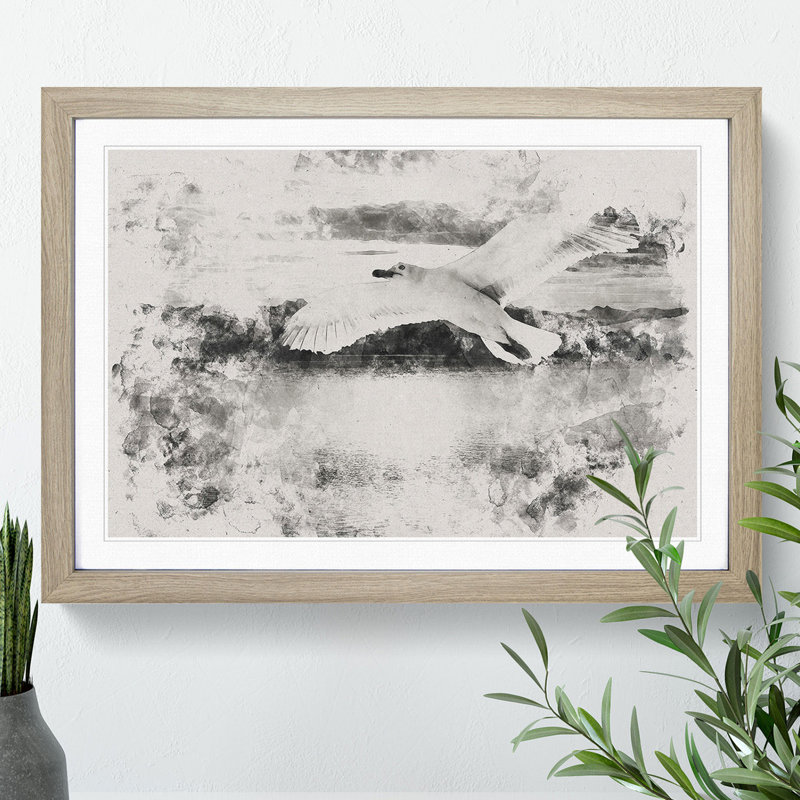 Seagull in Flight Vol.2 Watercolour - Picture Frame Graphic Art, Oak, 65cm H x 90cm W x 2cm D