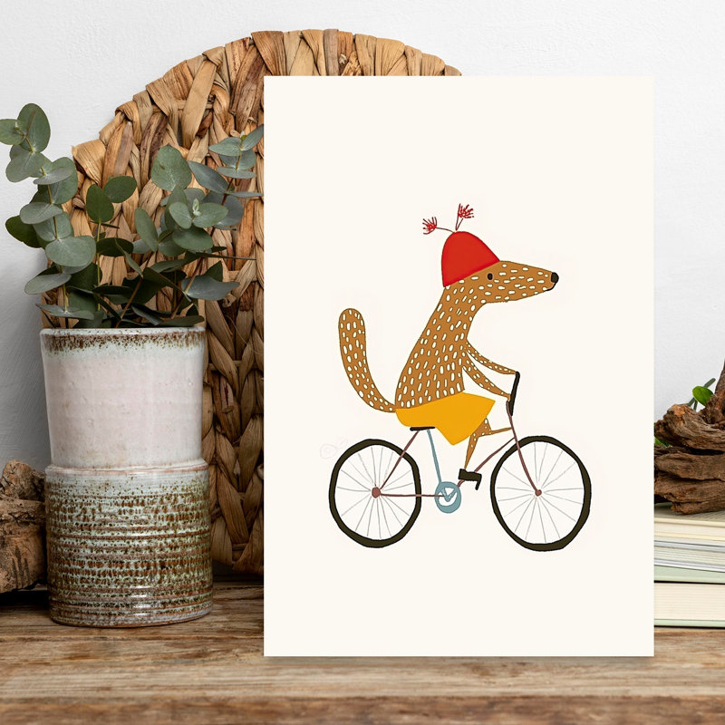 Mignon renard sur une bicyclette, impression d'art contemporain, H 18 po x l 12 po