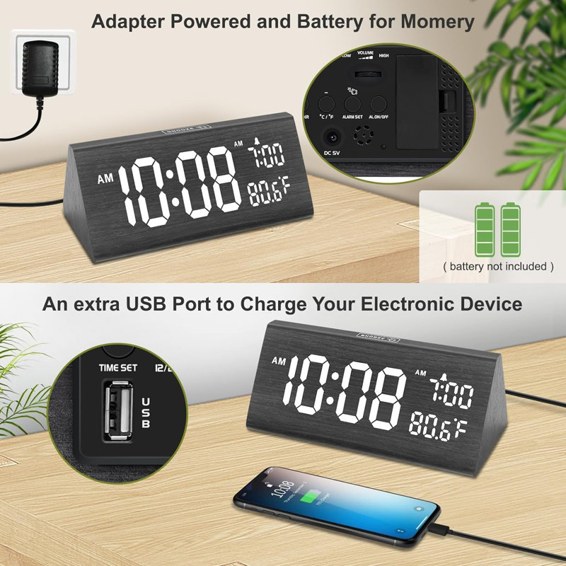 Réveille-matin numérique Dreamsky pour les chambres à coucher - Horloge électrique en bois avec ports USB, date, jour de semaine, température, gradateur de luminosité de 0 à 100%, volume d’alarme réglable, rappel d’alarme, DST automatique