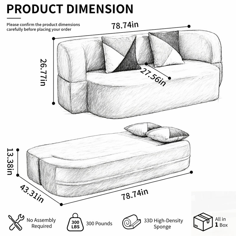 Canapé-lit convertible en coquille d'œuf avec tissu moelleux doux et mousse 33D haute densité, aucun assemblage requis pour une installation facile