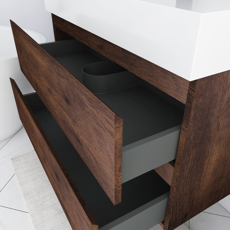 36'' Wall-Mounted Bathroom Vanity with Integrated Solid Surface Sink, Walnut
