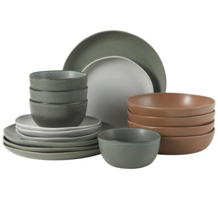 Gibson Elite Menlo Park 16-Piece Pottery Clay Stoneware Dinnerware Set –  Green Reactive Glaze, Organic Shape Embossed Plates and Bowls W/ Pasta Bowl, Service for 4 – Microwave & Dishwasher Safe