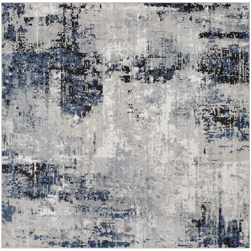 Cosey Abstract Navy/Gray Area Rug, Square 6'7"