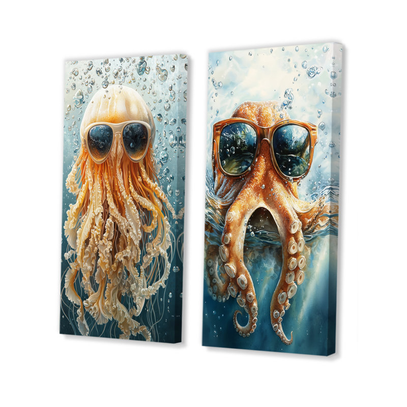 Pieuvre orange avec lunettes dans l'océan I - ensemble d'art mural méduse 2 pièces, H 28 po x l 24 po, Toile tendue sur cadre