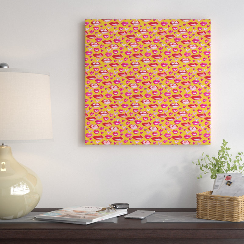 « lèvres pattern », impression sur toile, H 26 po x l 26 po x P 1,5 po, Toile avec cadre noir, Pas de tapis
