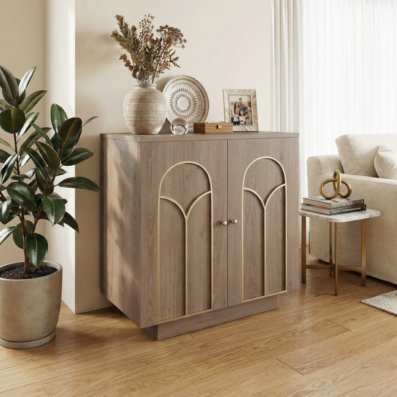 Armoire d'appoint 2 portes, armoire de rangement en bois massif avec tablette réglable, Arche décorative, Chêne brun foncé