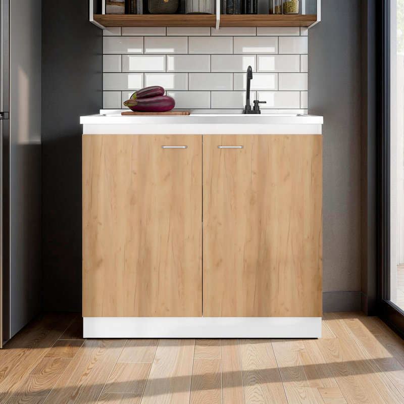 Armoire de rangement en chêne blanc et naturel avec 2 portes et 3 tablettes