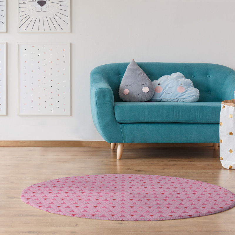 Tapis rose/rouge fait main géométrique, Rond 5 pi