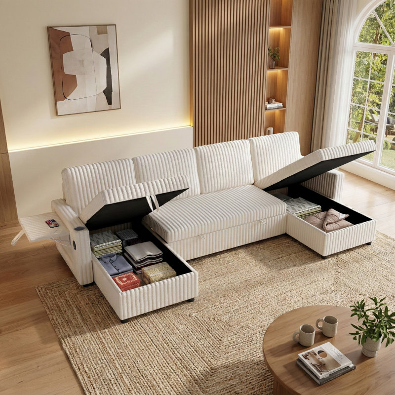 Oversized 110.6" U-Shaped Corduroy Sleeper Sectional Sofa with Pull-Out Bed and Storage Chaise, White