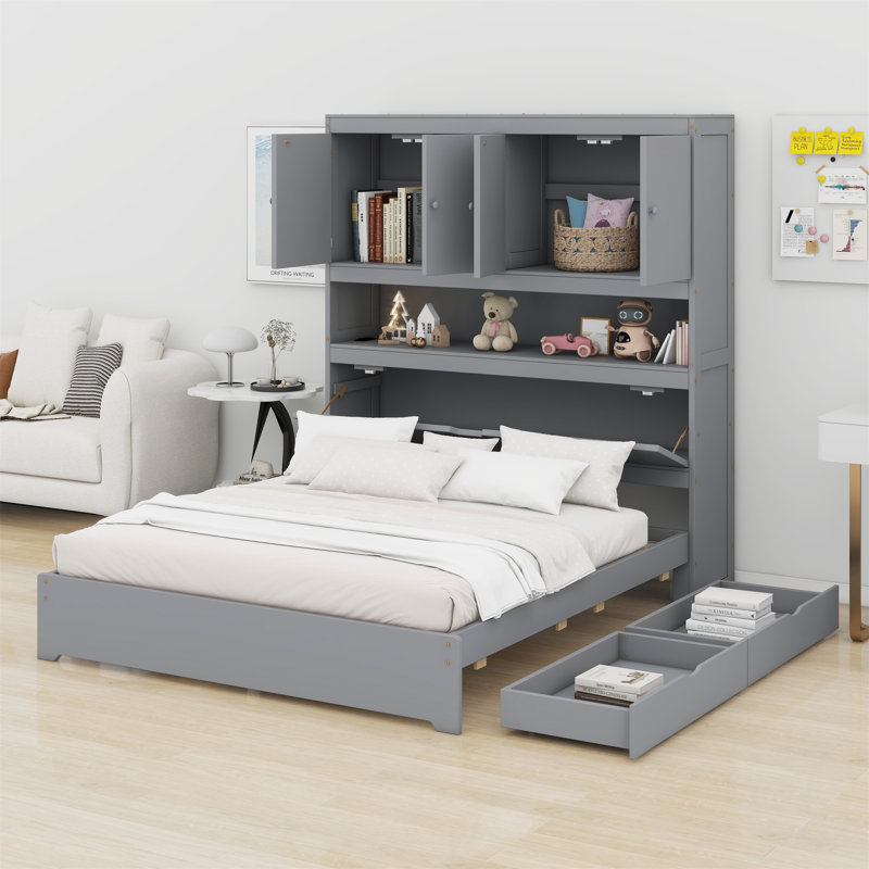 Lit plateforme en bois avec port USB, tête de lit et tiroirs de rangement, Gris