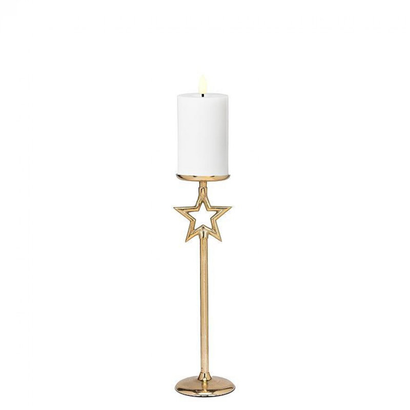 Doré avec porte-bougie étoile sur socle, H 19 po x l 5 po x P 5 po