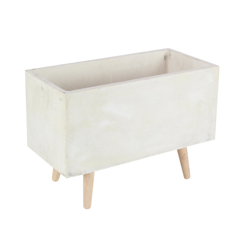 White Fiber Clay Rectangular Planters with Wood Legs, Set of 2
