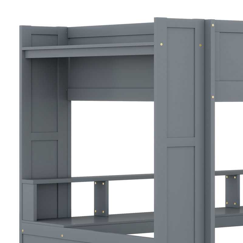 Lit mezzanine en bois avec bureau, tablettes multiples, DEL et station de charge, Lit double